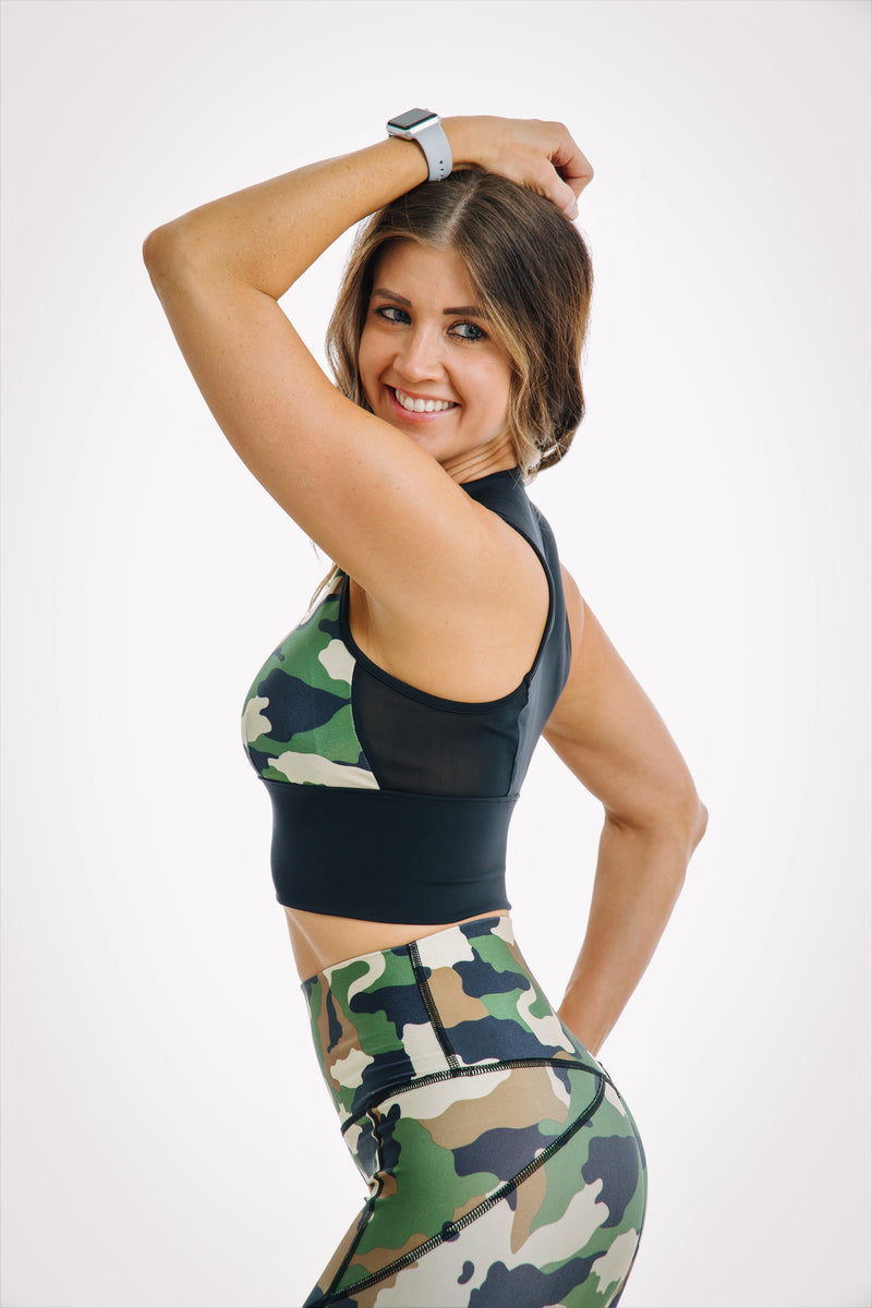 Camo mesh top with bra inserts matching camo set for gym