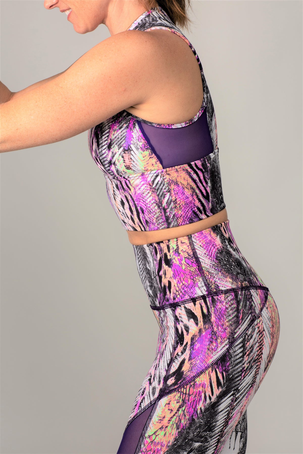 Purple pink exotic print leggings and top 7/8 length 
